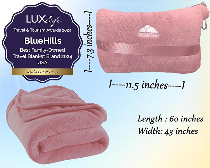 BlueHills Premium Soft 2 Pack Mini Travel Blanket Pillows Dusty Rose Pink | Luggage Belt & Backpack Clip, Lightweight, Ultra Soft Plush Pouch, 2 in 1 Blankets Combo, Airplane Accessories, Compact Case - Image 5