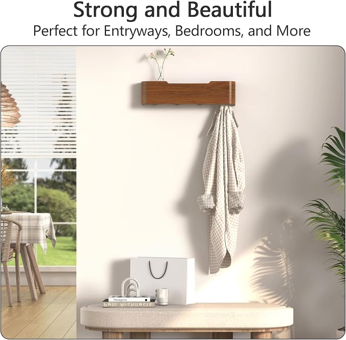 Coat Rack Wall Mount with Hidden Hooks Modern Key Holder Wood Entryway Hook with Shelf for Bedroom Kitchen Hallway Bathroom Designed for Hanging Coats Hats Bags Towel Dog Leashe(Walnut,4 Hooks) - Image 5