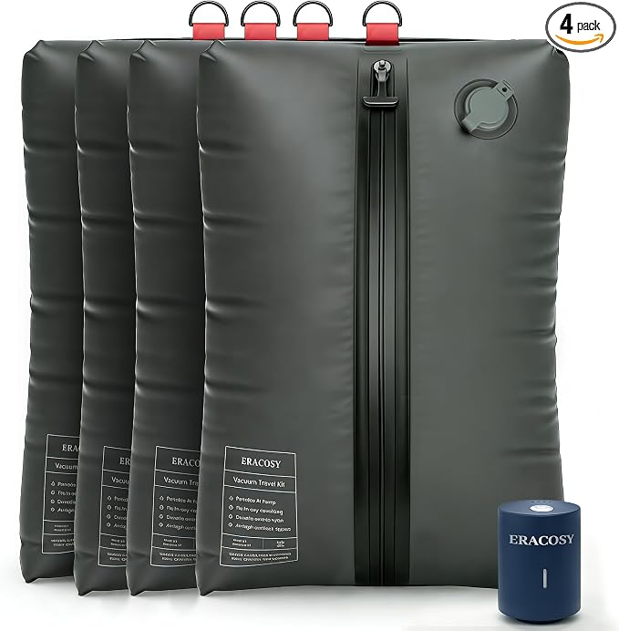 Travel Vacuum Bags with Pump, Compression Bags, Waterproof & Reusable Nylon Vacuum Travel Kit, Portable Space Saver Storage Bags with Wireless Vacuum Pump for Carry-On Backpack & Suitcase, 4 Pack by Unknown