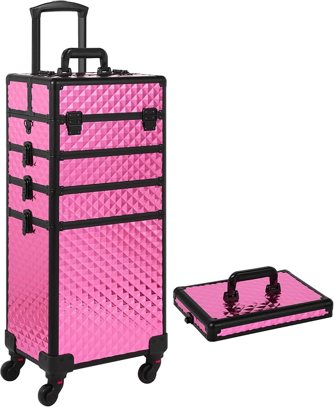 Somduy Rolling Makeup Case, Makeup Train Case with Lid, 5 in 1 Cosmetology Case on Wheels, Christmas Gift, Large Makeup Organizers, Profesional Cosmetic Case for Salon Barber, Rose Red - Image 9