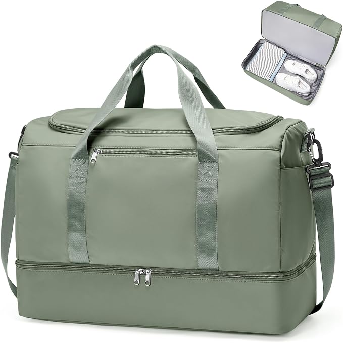 Large Travel Duffle Bag,Carry on Overnight Weekend Bag with Shoes Compartment,Weekender Bags for Women for Travel Business Trips Sport Hospital,Olive Green by SYCNB