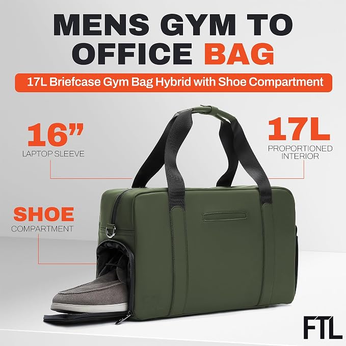 The FTL Lite Mens Gym to Office Bag - 17L Briefcase Gym Bag Hybrid with Shoe Compartment & 16" Laptop Sleeve - Executive Daily Carry & Overnight Duffel for Athletic Business Pros - Abbot Green - Image 2