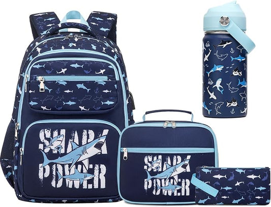 Bevalsa Kids Backpack for Boys with 14oz Insulated Bottle, School Bags for Kids & BPA-FREE Stainless Steel Metal Bottle with Straw Lid for Elementary Middle School Student (Shark) by Bevalsa