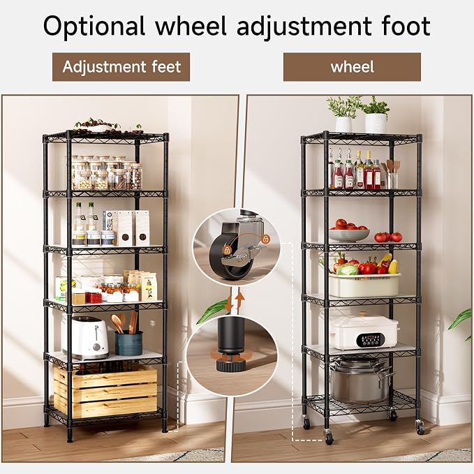 Golpart Small 6 Tier Shelves Storage Wire Shelving Unit Metal Shelf Adjustable Organizers Storage Shelving with Wheels for Bathroom Laundry Room Kitchen Pantry11.7”D x 17.7”W”W x 61.6”H Black - Image 9