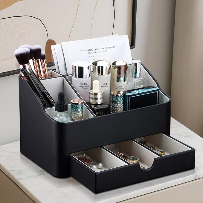 KINGFOM Leather Makeup Organizer with Drawer, Cosmetic Storage for Dresser Countertop and Bathroom Vanity, Beauty Holder for Lipstick Brush Skincare, Mother’s Day Gift for Mom(Black) - Image 7