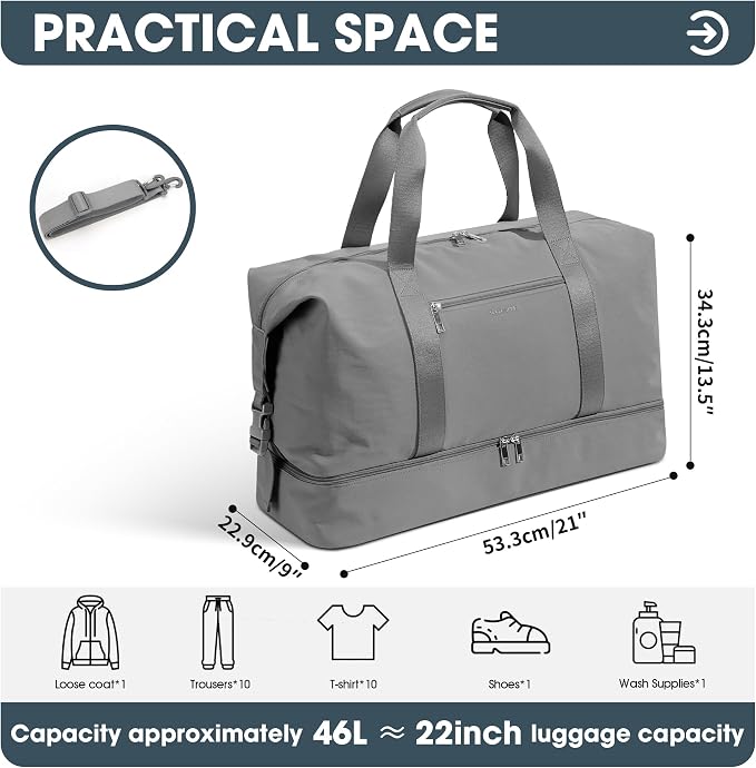 Oeihuivt Weekender Bags for Women - 21 Inch Large Travel Duffel Bag Set with Shoe Compartment, Heavy-Duty nylon Carry On Overnight Tote Gray - Image 3