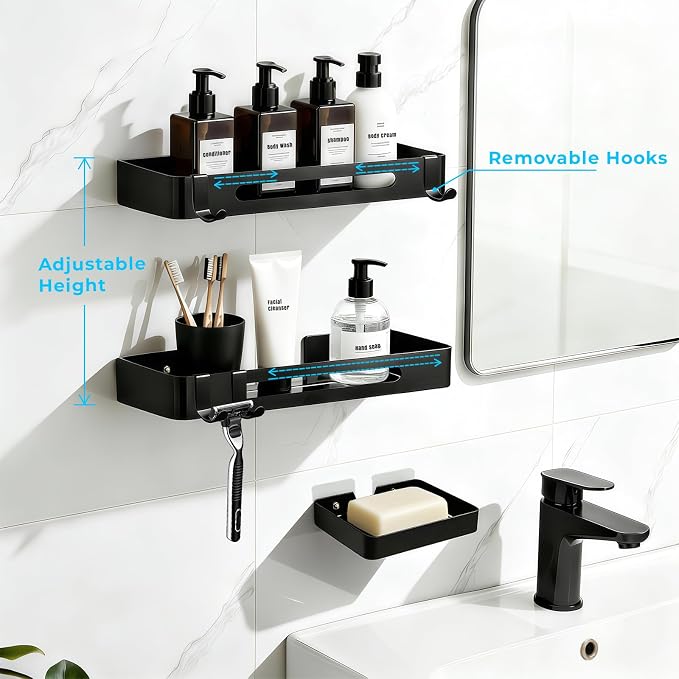 Shower Caddy Adhesive, 3 Pack Rustproof 304 Stainless Steel Bath Organizers, No-Drill Shower Shelves Soap Holder for Bathroom Storage, Black - Image 5