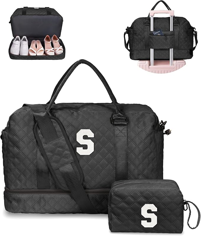 Gifts for Granddaughter-Initial Duffle Bag with Shoe Compartment, Personalized Weekender Bag, Monogram Overnight Bag, Letter Travel Bag with Makeup Bag，Daughter Friend Gifts (Letter S) by Vogewood