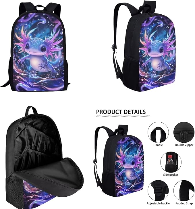 Galaxy Axolotl Backpack with Lunch Box Kids Girls 6-8/8-9 Ocean Elementary School Bookbag 17in Preschool Book Bags 4 in 1 Student Back Pack and Lunch Bag Pencil Case Water Bottle Holder Set - Image 2
