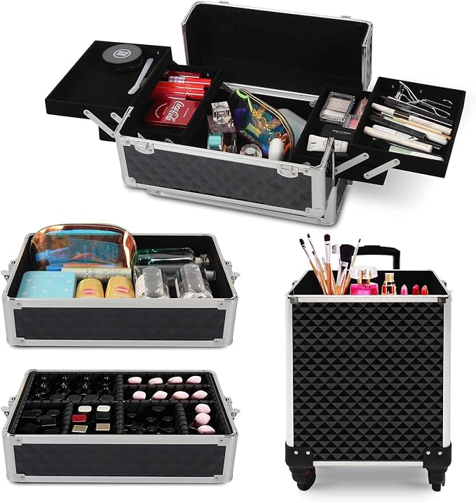 4 in 1 Professional Makeup Train Cases Large Storage Cosmetic Case 4 Wheels Lockable Rolling Makeup Trolley Diamond Surface (BLACK) - Image 2