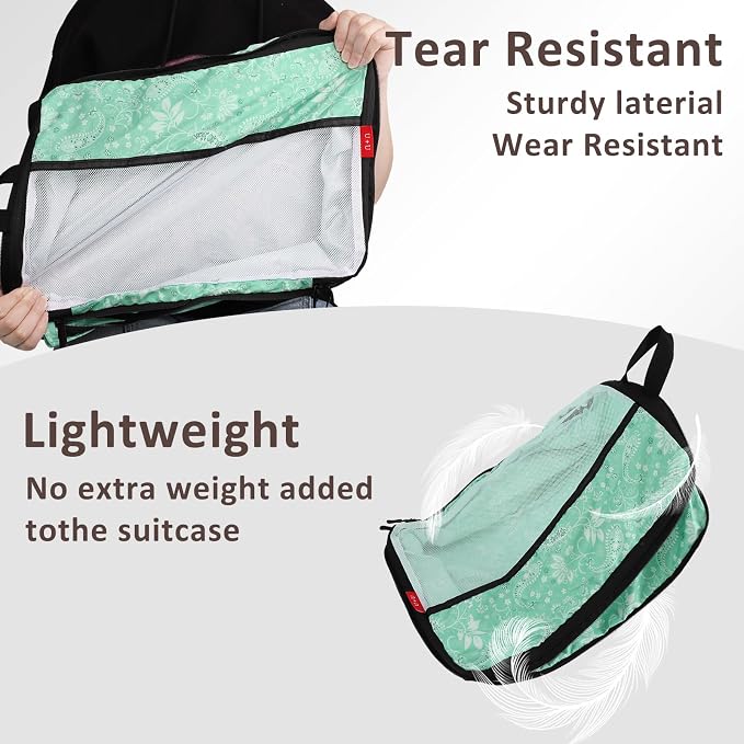 U+U 10 Set Compression Packing Cubes - Ultralight Travel Organizers with Laundry Bag and Cosmetic Bag, Space-Saving Suitcase Organizer for Travel, Business Trip and Family Vacation (Green Paisley) - Image 5
