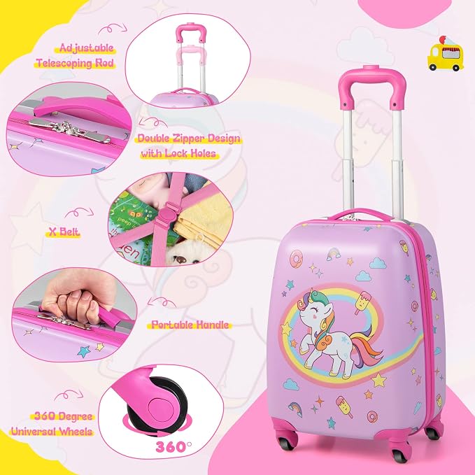HONEY JOY Kids Luggage, 12" Toddler Backpack & 16" Travel Suitcase with Wheels, Lightweight Toddler Girls Suitcase, Durable ABS Hardshell, 2Pcs Carry On Luggage Set for Boys Girls(Pink Horse) - Image 7