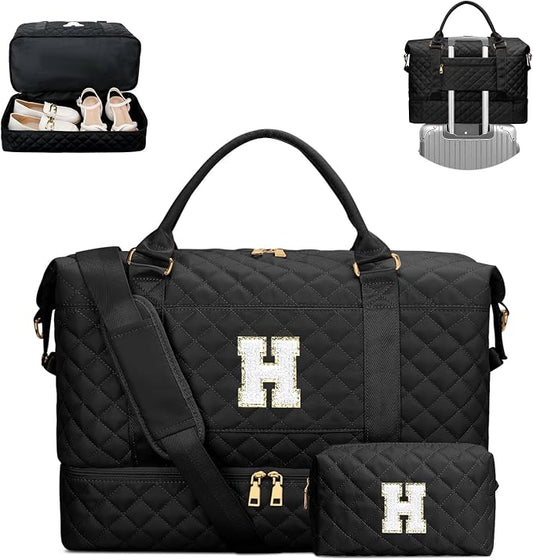 Gifts for Women Girls Initial Travel Duffle Bag Quilted Weekender Bags Carry-On Overnight with Cosmetic Bag, Gym Bag with Shoe Compartment, Black H by Unknown