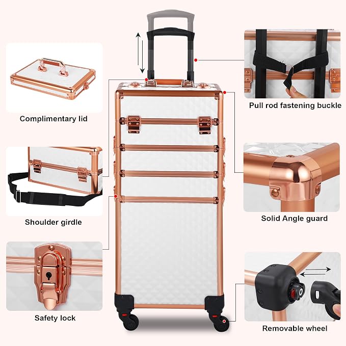 Somduy Rolling Makeup Case, Makeup Train Case with Lid, 5 in 1 Cosmetology Case on Wheels, Christmas Gift, Large Makeup Organizers, Profesional Cosmetic Case for Salon Barber, White Gold - Image 3