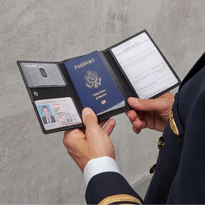 Polare Napa Leather Pilot Wallet Passport Holder RFID Blocking Tri-fold Travel Cover Document Organizer for Aviation Professionals (Black with AirTag Slot) - Image 2