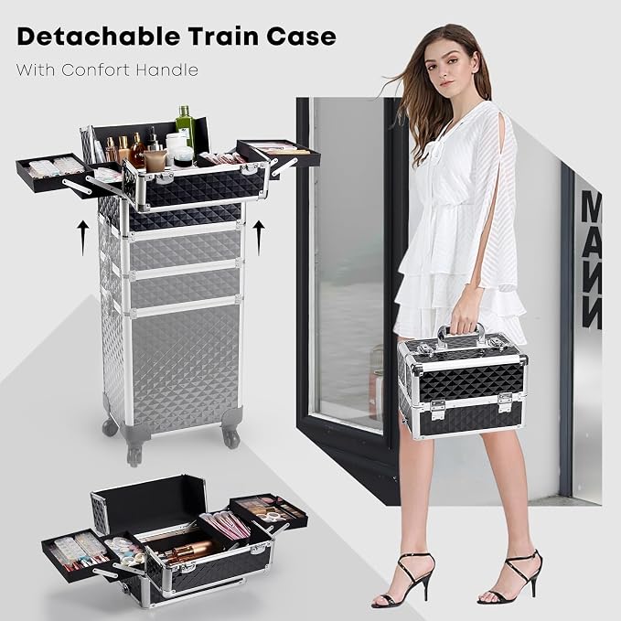 Faquenc Rolling Makeup Case with Wheels Professional 4 in 1 Cosmetic Train Case and Cosmetology Cart Trunk for Makeup Artists Hairstylists Nail Techs and Salons Large Storage Capacity, Black - Image 3