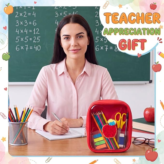 12 Pack Back to School Clear Makeup Bag PVC Transparent Cosmetic Pouch with Red Apple Embroidery, Teacher Appreciation Gifts, Small Waterproof Leather Bag for Women - Image 5