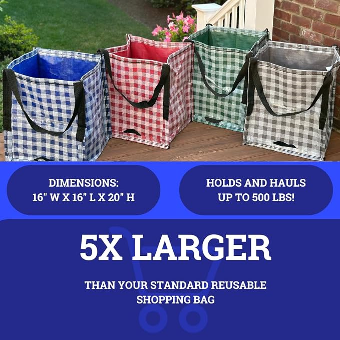 DURASACK Heavy Duty Storage Tote Bag 22-Gallon, Gingham Multi, Pack of 4 | Rugged Woven Polypropylene Moving Bag, Reusable Self-Standing Design, Holds up to 500 Pounds - Image 5