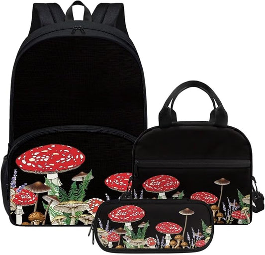 Black Mushroom Backpack Set for Girls Kids Lightweight Cute School Backpack with Lunch Box Pencil Case Adjustable Strap Padded Book Bag Insulated Lunch Bag by Parprinty