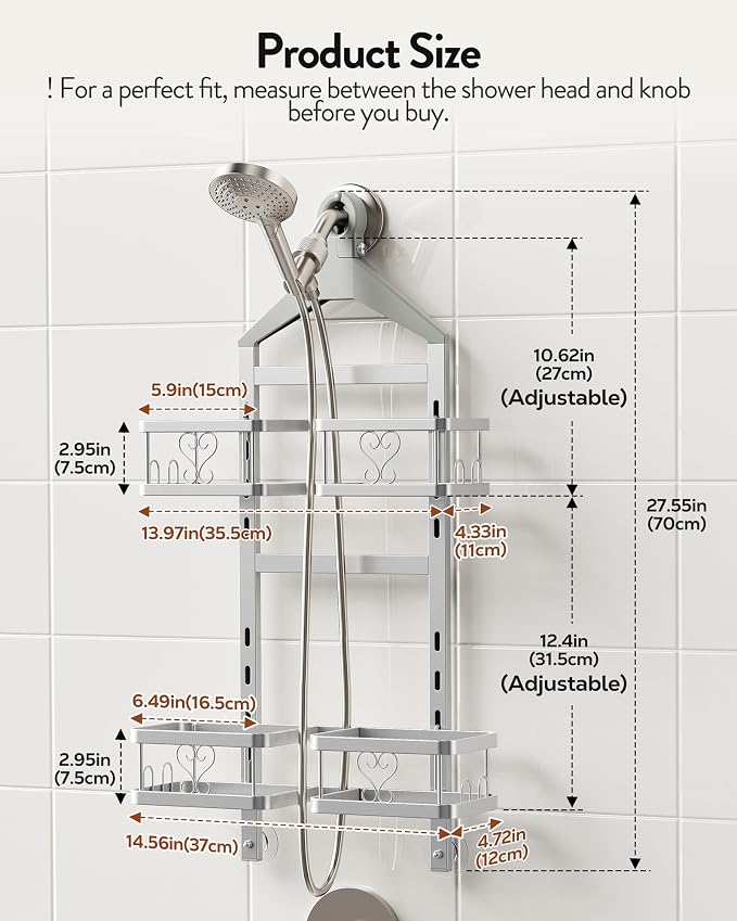 Orimade Adjustable Hanging Shower Caddy for Handheld Shower Heads, Rustproof Bathroom Shelf Organizer Over Showerhead Storage Rack with 8 Hooks, Easy-Clean Removable Baskets & Triple Anti-Slip, Silver - Image 6