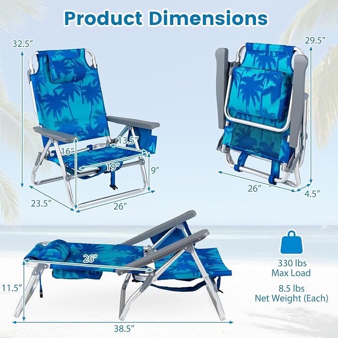 Giantex Folding Beach Chair, Patio Sling Chairs with 5 Adjustable Position, Head Pillow, Storage Bag, Towel Bar, Cup Holders, Backpack Chairs for Sunbathing, Camping Chair - Image 2