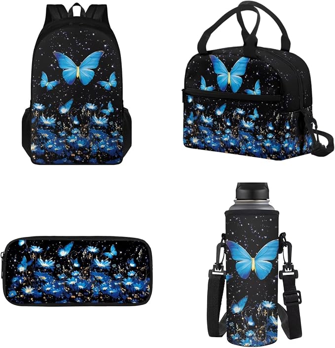 Kids Blue Butterfly School Backpack for Girls Bookbags with Lunch Bag Pencil Pouch & Water Bottle Organizer Set of 4, Hiking Bookbag Lightweight Book Bags Rucksack for Travel by Tomeusey