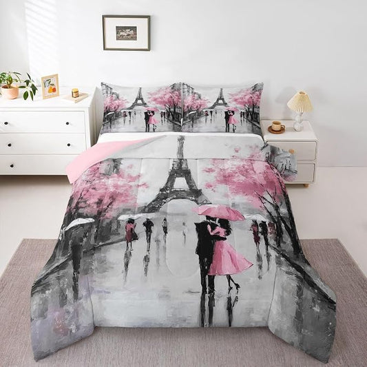 Paris Comforter Set French Eiffel Tower Bedding Sets King For Girls Kids Women Paris Themed Bedroom Decor Watercolor Cherry Blossoms Couple Comforter Retro Valentine Quilt Duvet Pink Grey 3 Pcs by Erosebridal