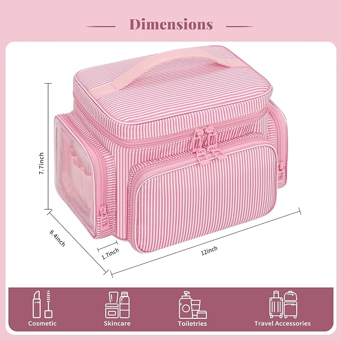 Large Makeup Bag, Portable Travel Makeup Bag Organizer for Women Girls with Makeup Brush Compartment & Two Side Pockets, Cosmetic Travel Bag Vertical Storage Toiletry Bag - Pink Stripe - Image 6