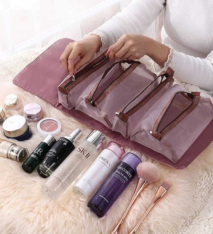 Roll-Up Makeup Cosmetic Bag with 4 Removable Pouches | Hanging Toiletry Organizer for Travel, Personal Care, Makeup | Makeup Bag | Makeup Cosmetic Accessories & Brushes (Red) - Image 2