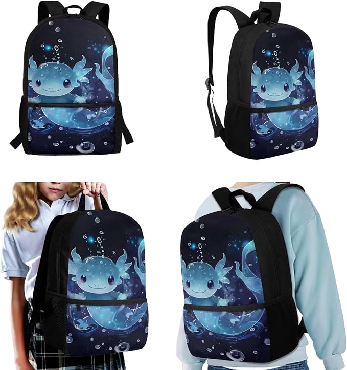 Blue Axolotl Backpack and Lunch Box for Girls 4-6/6-8/8-10 Kids Bookabags for 4th Grade Girls Elementary School Back Pack with Lunch Bag Pencil Case Middle Student Book Bag Set Schoolbag - Image 2