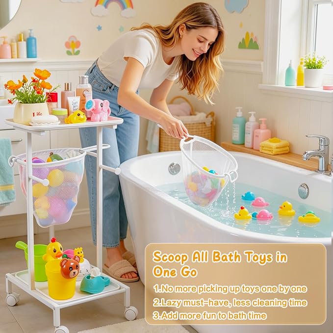 Bath Toy Storage Holder, Quick Drying Bathtub Toy Organizer with 2 Hanging Mesh Net and Shower Caddy, Large Bath Tub Toy Bin Easy Access, Freestanding Bathroom Toys Basket Cart for Toddler - Image 3