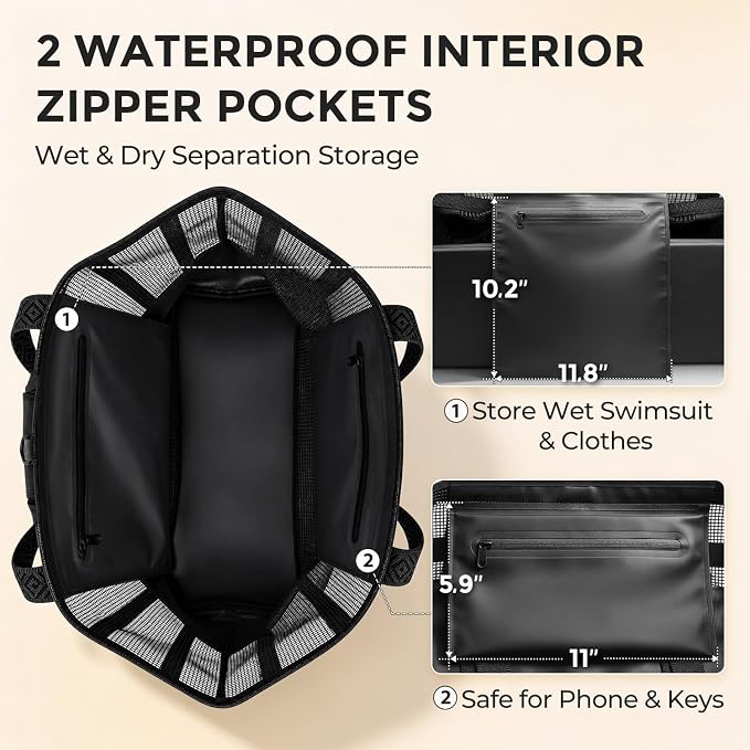 Large Mesh Beach Bag, Waterproof Bottom Tote, Structured Design Waterproof Pocket, Sandproof Pool Bag for Cruise Gym - Image 4