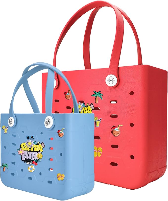 2-Pack Beach Bags Medium & Small,Waterproof Sandproof Rubber Tote Set for Women Men, Vacation Pool Boat Essentials by Unknown