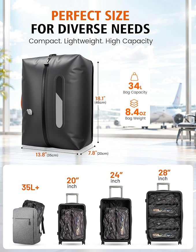 Vacuum Travel Bags with Pump, 34L Space Saver Vacuum Compression Bags for Travel Luggage Suitcase Backpack, Waterproof & Reusable Vacuum Packing Cubes for Clothing (1PCS + Pump) - Image 7