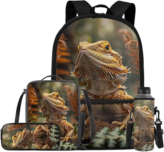 Dragon Lizard Backpack for Kids Boys Backpack with Lunch Box Water Bottle Pouch and Big Pencil Case 4PCS Set Bookbag with Front Pocket 17 inch Sturdy School Bag Kids Back to School Essentials by ELEDIZI