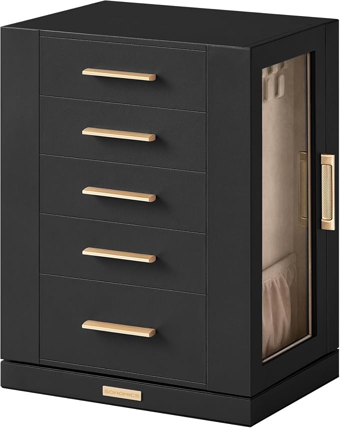 SONGMICS GISELLA Collection - Jewelry Box Organizer 360° Rotating, Vertical Jewelry Storage Case with 5 Drawers, Glass Window, Spacious, Open Design, Great Gift, Ink Black UJBC170B01 - Image 7