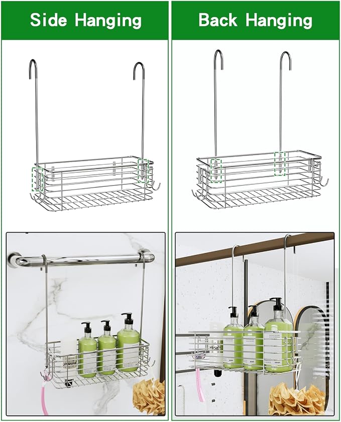 Over Door Shower Caddy, Stainless Steel Bathroom Organizer with Rotating Hooks, Hanging Storage Basket for Shampoo - Image 6