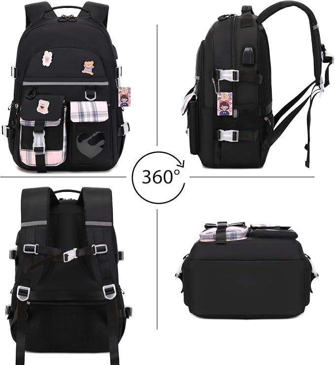 ACESAK Backpack for Girls - Bookbag Backpacks Schoolbag for Girls Kids Teen Women Casual Travel Daypacks - School Bag Elementary Middle School College Cute Backpack with Lunch Box (Black) - Image 5