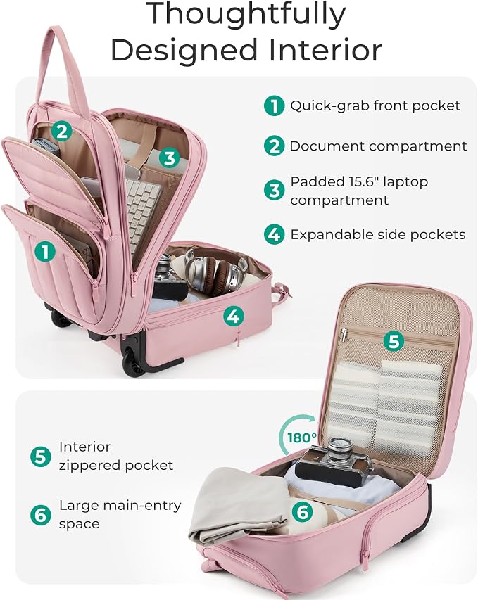 BAGSMART Small Underseat Carry on Luggage with Wheels, 16 inch Small Under Seat Luggage, Lightweight Travel Suitcase for Women, Baby Pink - Image 4