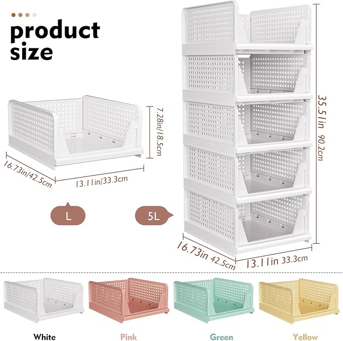 SNSLXH 5 Pack Stackable Closet Organizer Box, Multifunctional & Foldable Closet Storage Basket for Bathroom Kitchen Laundry Room Wardrobe Storage, Space-Saving Clothes Storage Drawer Organizer, Pink - Image 2