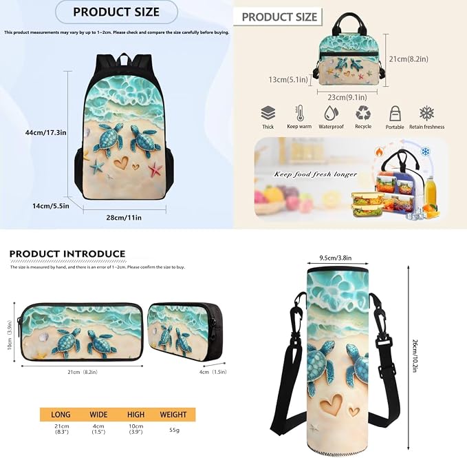 School Backpack Set, Sea Turtle Starfish Print Portable School Bags with Water Bottle Carrier Lunch Boxes Pencil Cases for Teens Student Bag Daypack Set 4 in 1 - Image 7