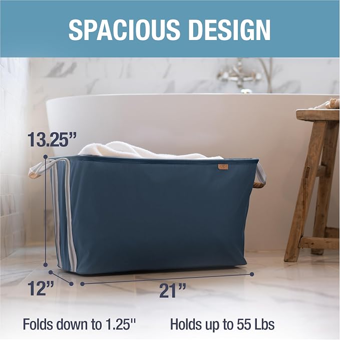 CleverMade Collapsible Laundry Basket LUXE 2 Pack – 60 L (16 Gal) Foldable Cotton Blend Clothes Hamper with Vegan Leather Accents, Reinforced Handles, Space Saving Laundry Bin Holds 55 lbs - Navy - Image 3