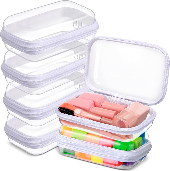 Sanwuta 6 Pcs Clear Hard Zipper Case Plastic Zipper Pouches Transparent Makeup Bag Pencil Case Pouches Toiletry Diaper Bag for Travel Toy Storage Organizer Bins(White,5 x 3 x 2 Inch) by Sanwuta