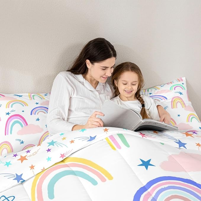 Rainbow Comforter Set For Girls Kids, Cartoon Sun Cloud Quilt Kawaii Room Decor Full Size, Girly Iridescent Stripes Duvet Insert Hand Drawn Down Comforter 3 Pieces With 2 Pillow Cases, Colorful - Image 5