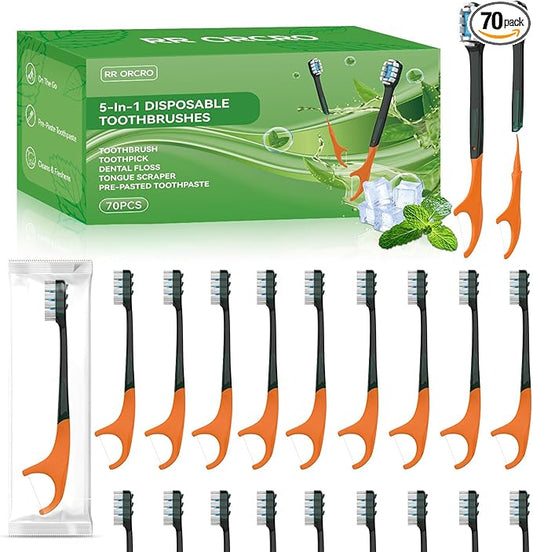 70Pack Disposable Toothbrush with Pre-Pasted Toothpaste 5-in-1 Mini Travel Toothbrush Deep Clean with Toothpick, Flosser, Tongue Scraper for Superior Oral Hygiene, Individually Wrapped