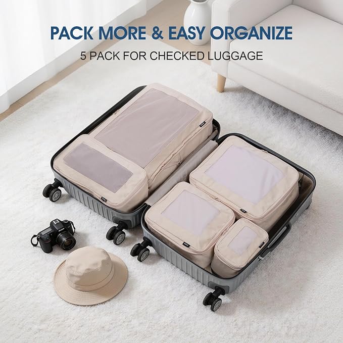 Compression Packing Cubes - Travel Organizer Bags for Suitcases and Luggage, Eco-Friendly Fabric (5-Pack) (Beige) - Image 7