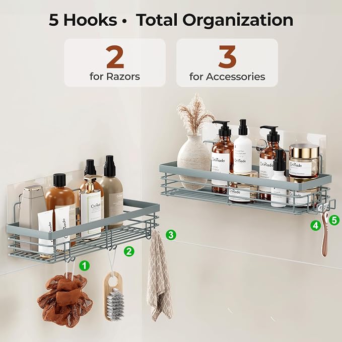 Orimade Shower Caddy with 5 Hooks for Hanging Razor and Sponge Adhesive Shower Shelf Basket Bathroom Storage Organizer Kitchen Rack No Drilling Stainless Steel Rustproof - 2 Pack, Light Blue Grey - Image 7