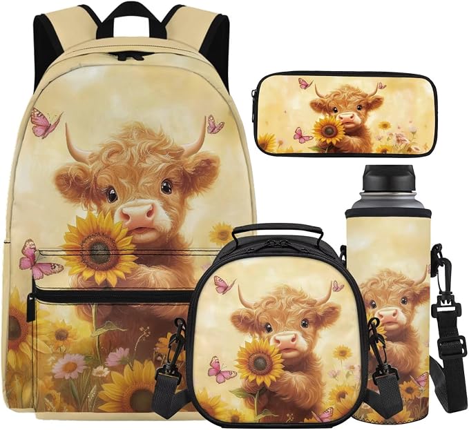 Highland Cow School Bags for Girls 7-10 10-12 Beige Kids Backpack with Lunch Box Set of 4, Cute Elementary School Backpack for Girls Travel Hiking Gym Small Daypack Purse Adjustable Straps by Unknown