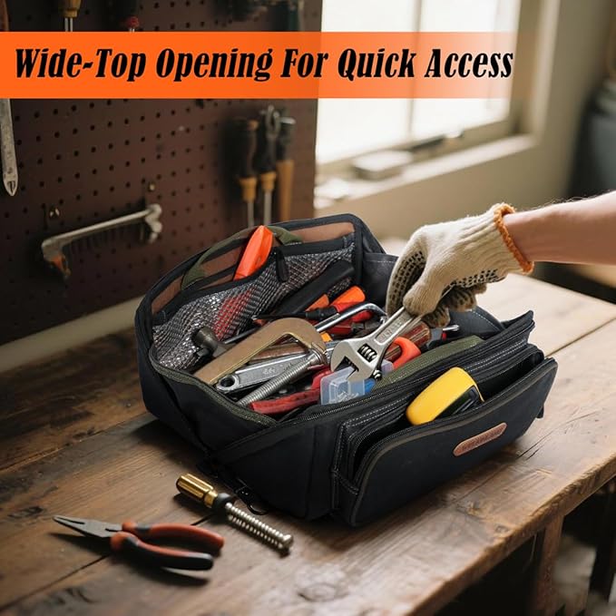WELKINLAND LayFlat Tool Pouch Organizer, 13-Inch Small Tool Bag, Heavy-Duty Waxed Canvas Tool Pouch, 5-Pocket Small Tool Bags with Zipper, Wide-Open Electrician Tool Bag - Image 4