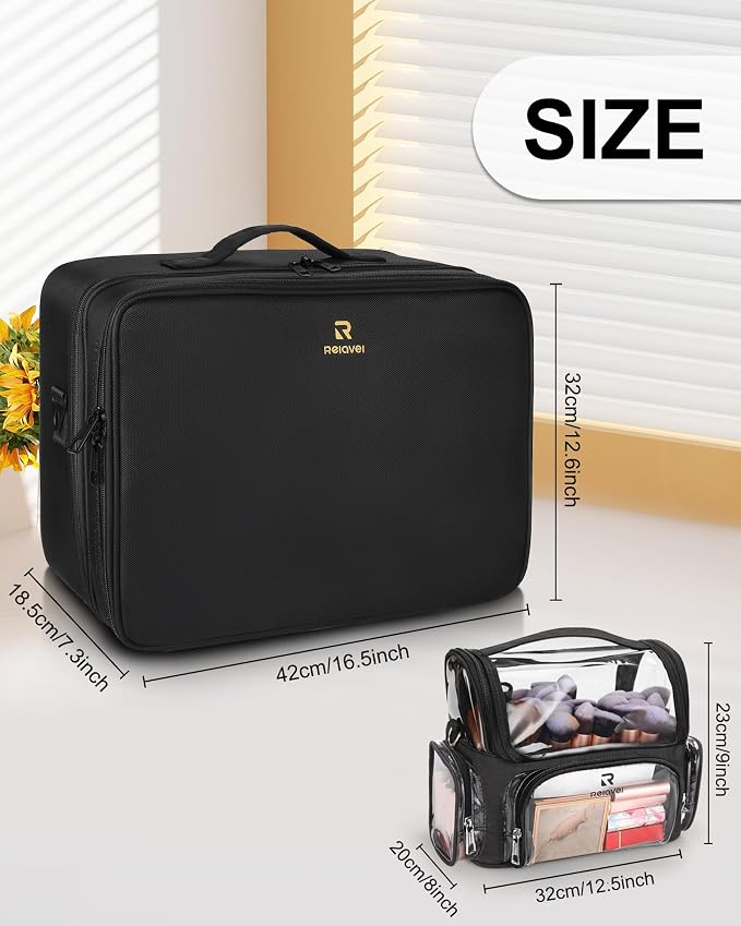 Relavel Extra Large Makeup Case and Makeup Brush Holder Bag, Professional Makeup Organizer, Large Capacity with Adjustable Dividers and Shoulder Strap (Black) - Image 6